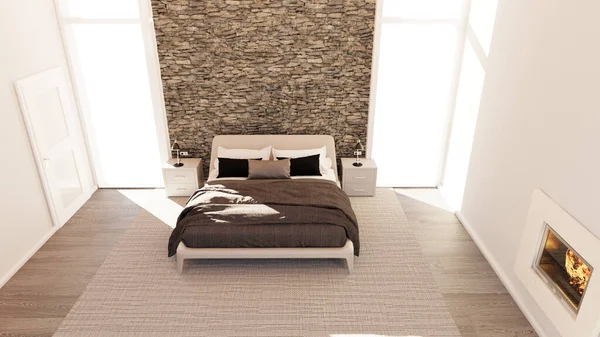 Blick Auf Eine Moderne Schlafzimmereinrichtung Möbel Mit Bett Und Kamin — Stockfoto