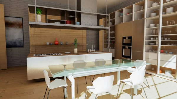 View of a modern kitchen interior furniture. Stove and furniture with table and chairs. Interior architecture, project for a modern and functional kitchen. 3d rendering