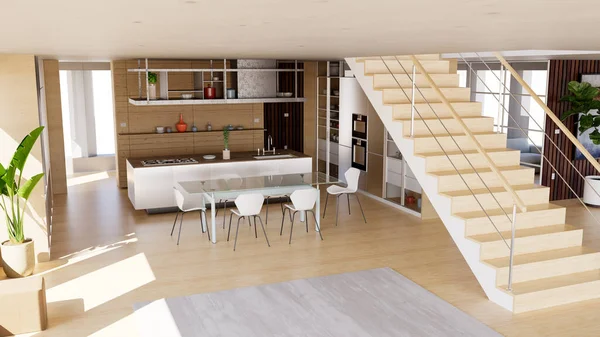 大きな窓 大きなサイズ 近代的かつ現代的なスタイルを持つオープンスペースの内部ビュー キッチンインテリア家具 豪邸だ リビングルーム 建築とプロジェクト 3Dレンダリング — ストック写真