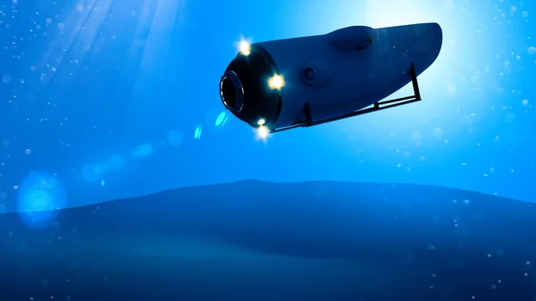 A tourist submarine has gone missing in the North Atlantic.  Missing submarine. Mini manned submarine to explore the ocean floor. Seabed and submarine at high depths, 3d rendering