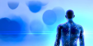 Vücut sağlığı, spesifik takviyeler, vücuda yardım. 3 boyutlu kaslı üstsüz adam. Kas tonu ve canlandırıcı takviyeler. Fiziksel performans ve enerji yüklemesi arttı.