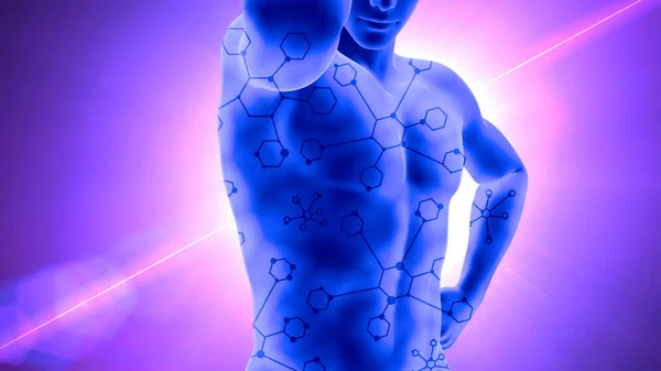 身体和身体的健康 特别补充剂 对身体有帮助 肉眼裸男 3D渲染 肌肉的色调和充满活力的补充剂 增加物质性能和能量补给 — 图库照片