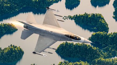 Füzelerle donatılmış askeri uçaklar, savaş düzeni. F-16. General Dynamics F-16 Fighting Falcon, tek motorlu, çok delikli bir Amerikan savaş uçağıdır. 3d oluşturma