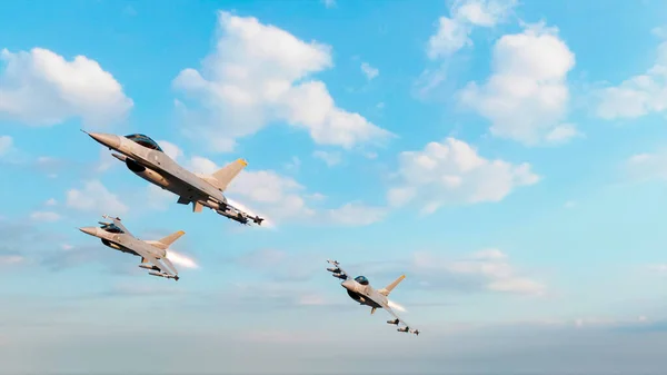 正在飞行的军用飞机配备了导弹 作战装置 通用动力F 16战斗猎鹰 General Dynamics Fighting Falcon 是一架美国单引擎超音速多角色战斗机 3D渲染 — 图库照片