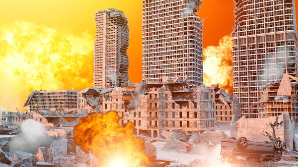军事突袭地面和空中攻击 战场上的军队 在城市的街道上战斗 建筑物被摧毁 敏感的目标导弹爆炸 3D渲染 — 图库照片