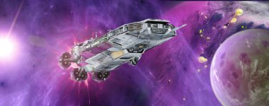 Yıldızlararası yolculuk, yeni dünyaların keşfi. Dünya dışı gezegenler, dış gezegenler. Uzay gemileri yeni dünyalar keşfediyor. 3d oluşturma