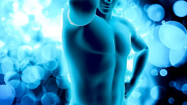 筋肉質の男性は 不在とペニスを示しています 運動とパフォーマンス 身体活動後の緊張した筋肉 食品サプリメント 3Dレンダリング — ストック写真