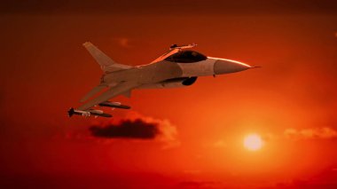 Füzelerle donatılmış askeri uçaklar, savaş düzeni. F-16. General Dynamics F-16 Fighting Falcon, tek motorlu, çok delikli bir Amerikan savaş uçağıdır. 3d oluşturma