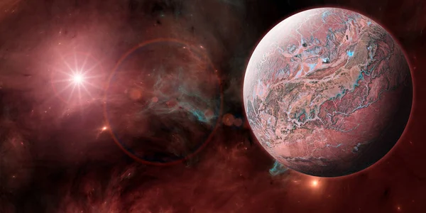 stock image Planets and exoplanets of unexplored galaxies. Sci-Fi. New worlds to discover. Colonization and exploration of nebulae and galaxies. 3d rendering