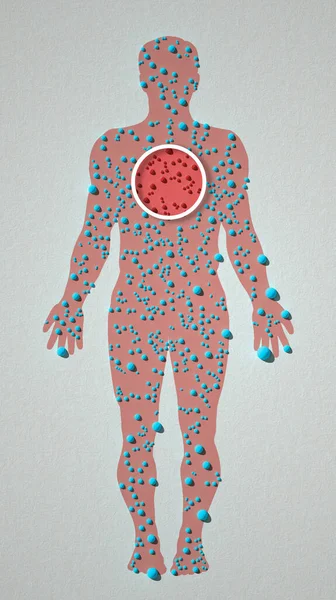 Immune defenses, human body silhouette. Blood circulation, blood pressure. Vitamins and dietary supplements, body care. Virus. 3d rendering