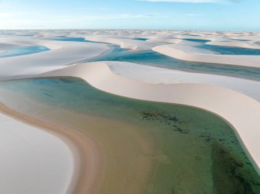 Aerial view of Lencois Maranhenses. White sand dunes with pools of fresh and transparent water. Desert. Barreirinhas. Maranhao State National Park. Brazil clipart