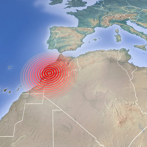 Earthquake map in Morocco, Atlas Mountains, shake, elements of this image are furnished by NASA. Land struck by a strong earthquake magnitude. 3d rendering