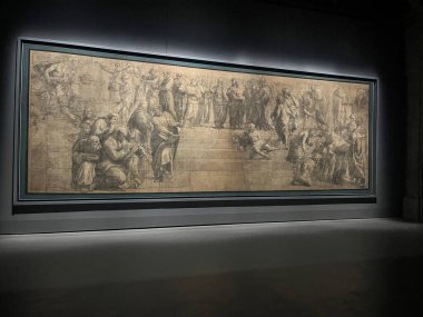 Pinacoteca Ambrosiana, Milan, İtalya, 07-09-2023: Vatikan 'da Stanza della Segnatura' nın bestelenmesi için hazırlanan Stanza della Segnatura freski, Raffaello Sanzio 'nun Atina Okulu' nun hazırlık karikatürü olan salon.