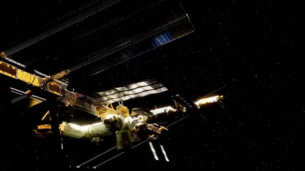 国際宇宙ステーション Iss 低軌道にある宇宙ステーション または居住可能な人工衛星である 駅は微小重力と研究室 3Dレンダリングとして機能します — ストック写真