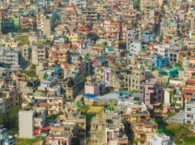 Katmandu 'nun havadan görünüşü, saraylar ve binalar. Teraslar, evler, şehir sokakları. Nepal 'de. 10-13-2023