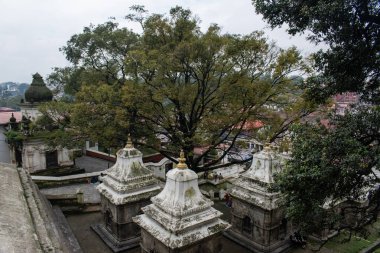 Katmandu, Nepal, 10-03-2023: Pashupatinath Tapınağının panoramik görüntüsü, Pashupati 'ye adanmış ünlü Hindu tapınağı, bir tür Shiva, kutsal Bagmati nehri kıyısında, Dünya Mirası Alanı.