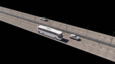 Şehirlerarası otobüs, otoyol ve eyalet yolu. Yollar ve trafik ayırıcıları. Hareket halindeki araçlar. Toplu taşıma araçlarıyla seyahat ediyorlar. 3d oluşturma