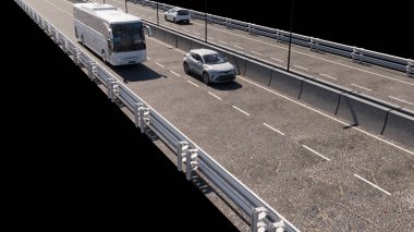 Şehirlerarası otobüs, otoyol ve eyalet yolu. Yollar ve trafik ayırıcıları. Hareket halindeki araçlar. Toplu taşıma araçlarıyla seyahat ediyorlar. 3d oluşturma