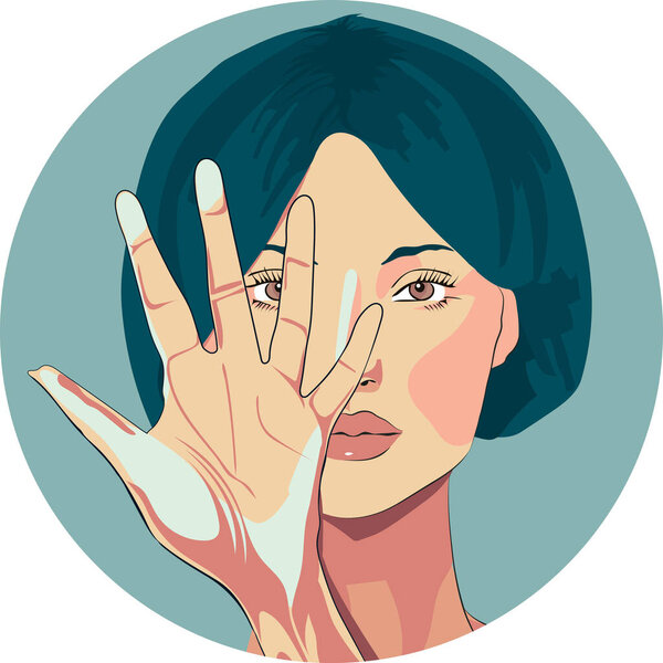 Woman depression, abuse, beating, girl, child, violence against women. Hand in front of the face to protect oneself from beatings