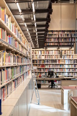 Çağdaş Yahudi Belgelendirme Merkezi Vakfı. Milan Merkez İstasyonu 'ndaki modern kütüphane. Yahudilerin tarihsel olaylarını, kültürünü ve gerçekliğini destekleyen kitaplar. Endüstriyel, çağdaş mimari. 1116-2023. Milan mı? İtalya