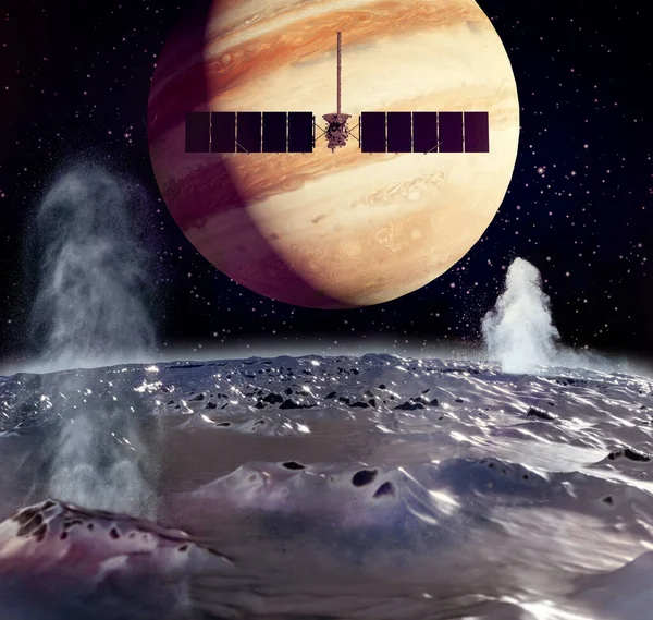 Clipper spacecraft on a flyby over Europas surface with Jupiter rising in the background. 3d rendering. Element of this image are furnished by Nasa