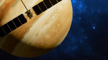 Arka planda Jüpiter yükselirken Europa 'ya giden Clipper uzay aracı. 3D görüntüleme. Bu görüntünün elementleri NASA tarafından döşenmiştir.