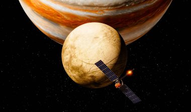 Arka planda Jüpiter yükselirken Europas yüzeyinde uçan bir uzay aracı. 3D görüntüleme. Bu görüntünün elementi Nasa tarafından desteklenmektedir