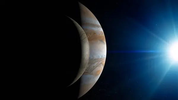 Jupiter planet surface and Europa moon, space view. 3d rendering. Element of this image are furnished by Nasa