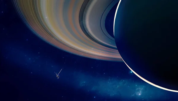 View of the planet Saturn with rings. Voyager probe in exploration around the planet. Solar system. 3d render. Element of this image is furnished by Nasa