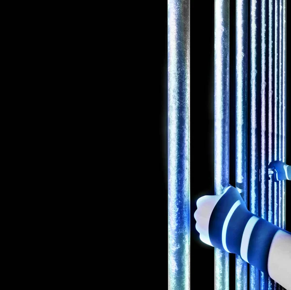 Detention, imprisonment. Prison cell and hands holding the bars. 3d rendering. Overpopulation of prisons. Penitentiary and prisoners. Justice. Copy space