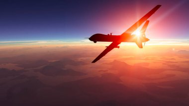 Uydu görüntüsü, savaş operasyonları, bilim kurgu, gündüz. Askeri hedef. İHA bir bölge üzerinde uçuyor. Askeri operasyon. Gizli operasyon. Dağ korkulukları. 3d oluşturma