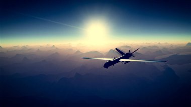 Uydu görüntüsü, savaş operasyonları, bilim kurgu, gündüz. Askeri hedef. İHA bir bölge üzerinde uçuyor. Askeri operasyon. Gizli operasyon. Dağ korkulukları. Çöl bölgesi. 3d oluşturma