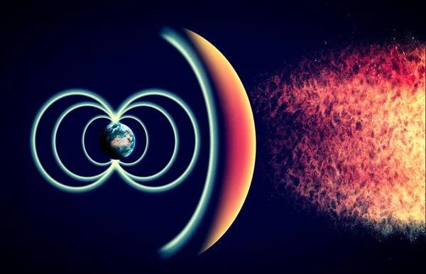 Sun and solar storm, Earth\'s magnetic field, Earth and solar wind, flow of particles. Rising temperatures. Global warming. Ozone hole. 3d rendering. Element of this image is furnished by Nasa