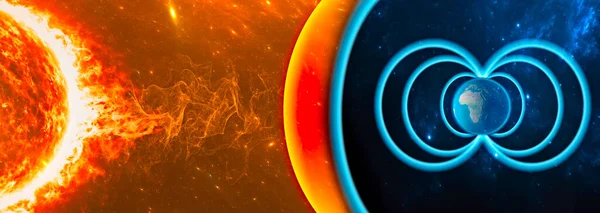 Sun and solar storm, Earth\'s magnetic field, Earth and solar wind, flow of particles. Rising temperatures. Global warming. Ozone hole. 3d rendering. Element of this image is furnished by Nasa