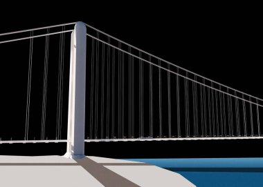 Messina Boğazı üzerindeki köprü, tasarım ve mimari, güverte çalışması, kuleler ve süspansiyonlar. Mimari proje. Sicilya 'yı Calabria' ya bağlayacak köprü. İtalya. 3d oluşturma