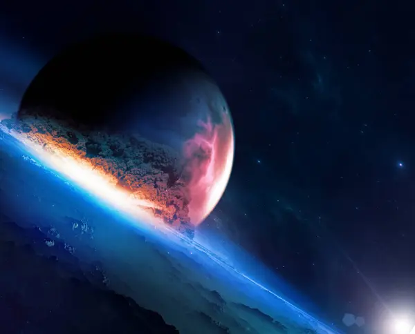 Planet, collision between planets, explosion, destruction, space, science fiction. Global annihilation. Planet explosion. End of the world and of life. 3d rendering