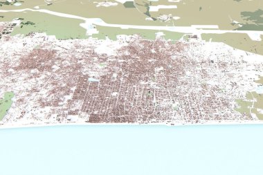 Gazze Şeridi 'ndeki Gazze Şehri' nin havadan görünüşü, evleri ve binaları olan haritanın 3D görüntüsü. 3d oluşturma