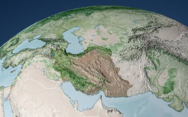 İran haritası ve sınırlarının uydu görüntüsü, fiziksel harita Ortadoğu, Arap yarımadası, yardım ve dağlarla haritalar. 3D görüntüleme. Bu görüntünün elementi NASA tarafından desteklenmektedir.