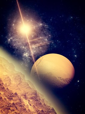 Bilim kurgu manzarası. Uydularından birinden görünen bir gezegen. Dünyadışı bir gezegenin uyduları. Gezegenin yakınındaki bir uydunun bulutları ve atmosferi. 3d oluşturma