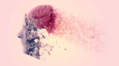 Beyin yandan görüldü. Dejeneratif hastalık. Beyin dejeneratif hastalıkları, Parkinson, sinapslar, nöronlar, Alzheimer, hastalık, konsept. 3d oluşturma