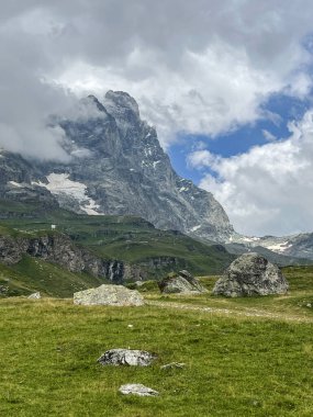 Valle d 'Aosta, İtalya, 08-15-2024: Cervino (Matterhorn) manzarası, 4.478 metre Orta Alp dağı, yeşil çayırlar ve köknar ormanlarıyla. Güney ve güneybatı sırtı (Cresta del Leone veya Arete du lion) üst Valtournenche 'den görüldü.