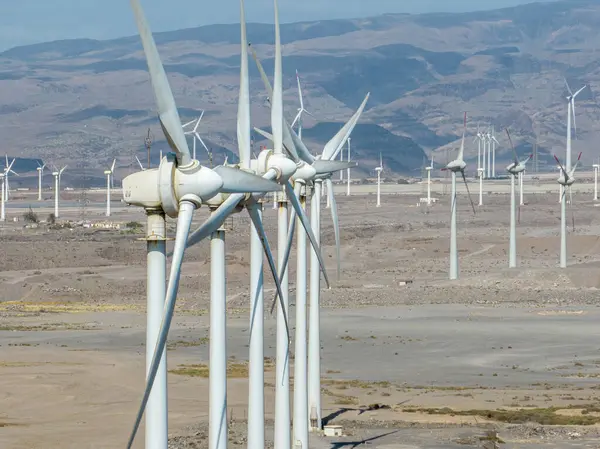 Yenilenebilir enerji, rüzgar enerjisi, okyanus yakınında hareket eden rüzgar türbinleri. Yenilenebilir elektrik. Güç kaynağı. Büyük Kanarya