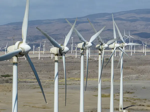 Yenilenebilir enerji, rüzgar enerjisi, okyanus yakınında hareket eden rüzgar türbinleri. Yenilenebilir elektrik. Güç kaynağı. Büyük Kanarya