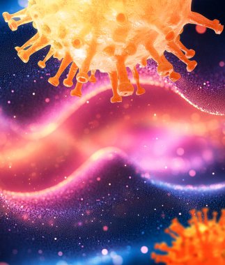 Covid-19 mikroskop altında görüldü. Virüs varyantı, koronavirüs, dikenli protein. SARS-CoV-2, 3D görüntüleme
