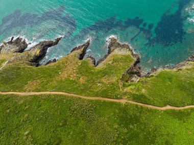 Aerial view of the customs officers' path and Brittany coast, walking trip along the beautiful Breton coast. Nature hikes. France clipart