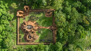 Aerial view of My Son ruin, it is a cluster of abandoned and partially ruined Shaiva Hindu temples in central Vietnam, constructed between the 4th and the 13th century by the Kings of Champa clipart