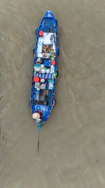 Mekong deltasının havadan görünüşü ve Cai Rang 'ın yüzen pazarı, Ho Chi Minh City' nin güneyi, Vietnam. Tekne ve tüccarlar mal değişimi 10-18-2024