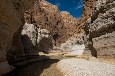 Umman, Ortadoğu, 03-25-2025: Wadi Shab, kristal berrak su havuzlarının ve bir mağaranın içindeki gizli şelalenin bulunduğu dar bir kanyon, Hajar Dağları 'nın doğusundan Umman Körfezi' ne akıyor.