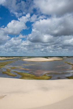 Barreirinhas, Maranhao Eyaleti Ulusal Parkı, Brezilya: Lencois Maranhenses manzarası, doğal tatlı su havuzları, çöl manzarası, yeşil ve yansımaları olan beyaz ve yuvarlanan kum tepeleri