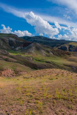 Türkiye, Ortadoğu: İshak Paşa Sarayı yakınlarındaki kayalık tepeler, tepeler, otlaklar ve çiçeklerle Agri Dagi Dağı etrafındaki platodaki toprak ve dolambaçlı yolda nefes kesici manzara
